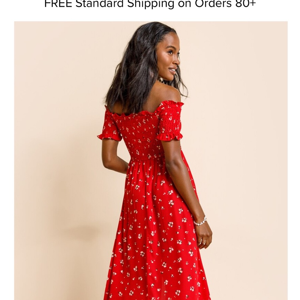 Francesca's Collections Red Smocked Off-Shoulder Midi Dress